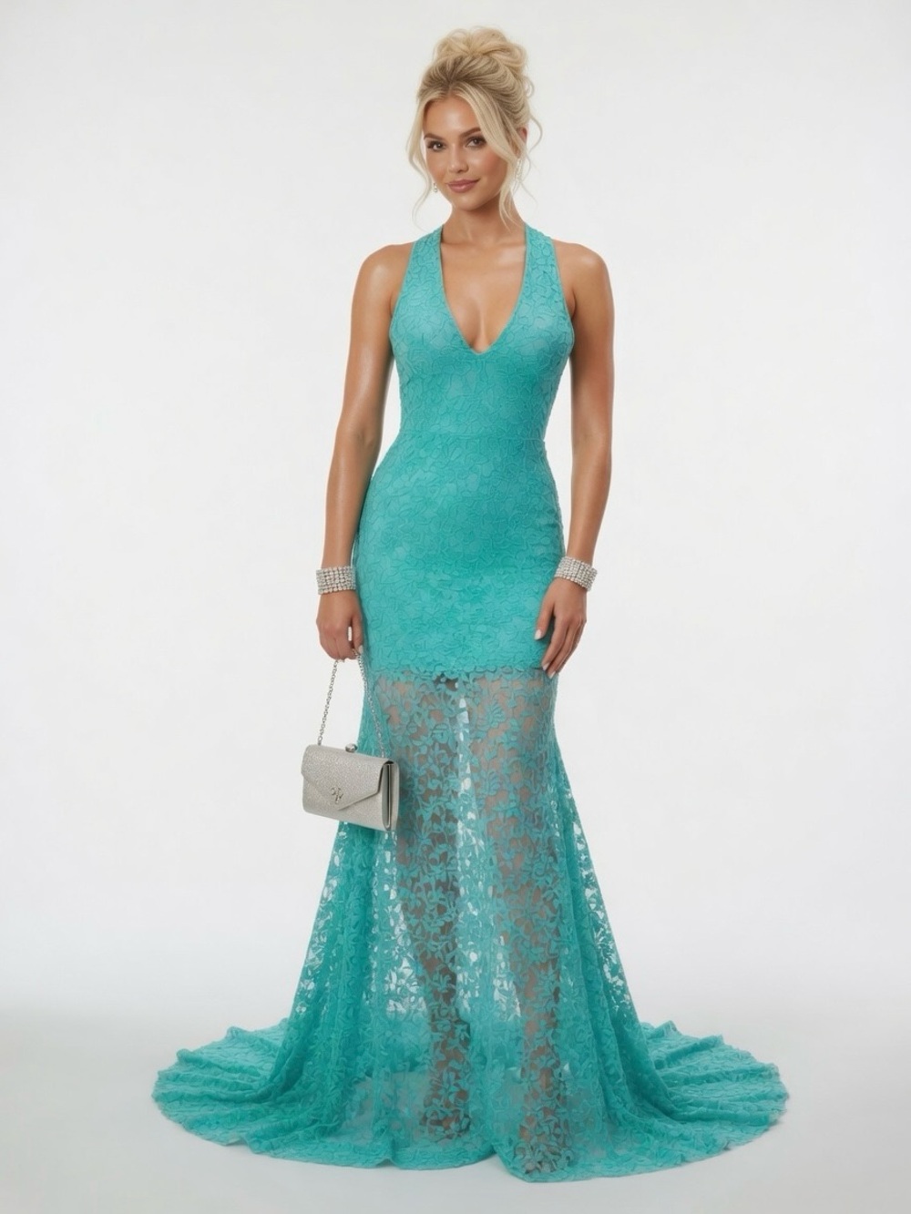 Sleeveless Teal Lace Mermaid Gown